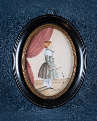 19th Century Boy With Hoop. English Naive School Miniature. - Harrington Antiques