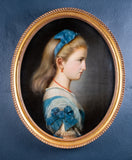 19th Century Oval Portrait Of A Girl In Blue. Oil on Canvas. - Harrington Antiques