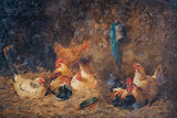 Follower Of Edgar Hunt (1876 - 1953) - Chickens In A Barn. Oil on Board. - Harrington Antiques