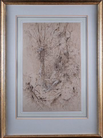 Pen, Ink & Watercolour - Man Resting Amongst Trees - Harrington Antiques