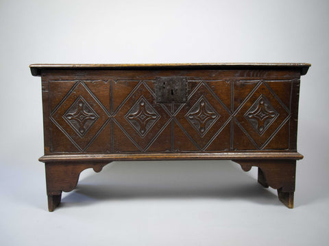 17th Century Style Oak Plank Coffer With Carved Lozenge Design - Harrington Antiques