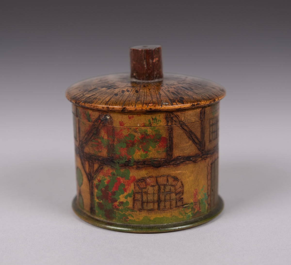 19th Century Folk Art 'Thatched Cottage' Polychrome Treen String Box ...