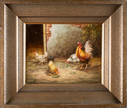 19th Century Oil on Canvas - Chickens & Roosters In Farmyard. Norwich School. - Harrington Antiques