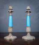 19th Century Pair Of Blue Glass Candlesticks - Harrington Antiques