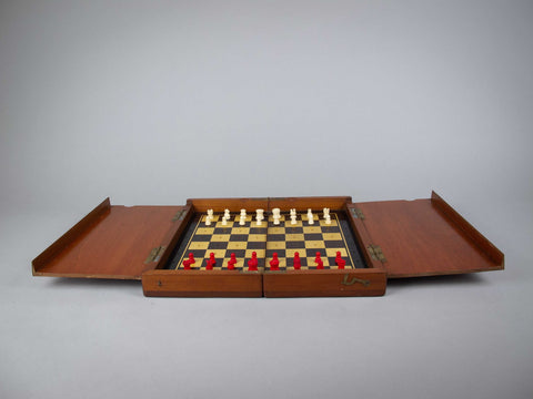 19th Century Victorian Mahogany Folding Travelling Chess Set (Complete), c.1890 - Harrington Antiques