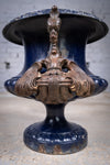 French Alfred Corneau Blue Enamel Cast Iron Urn With Griffin Handles - Harrington Antiques