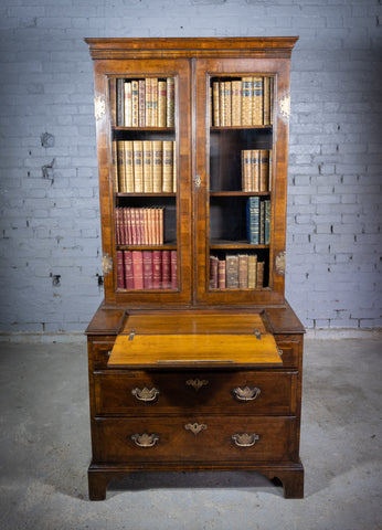 George II Walnut Featherbanded Secretaire Bookcase Desk c.1740-1760. - Harrington Antiques