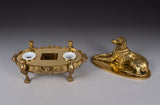 Large 19th Century Gilt Bronze Inkwell With Hound & Monopedic Lion Legs - Harrington Antiques