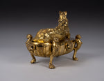 Large 19th Century Gilt Bronze Inkwell With Hound & Monopedic Lion Legs - Harrington Antiques