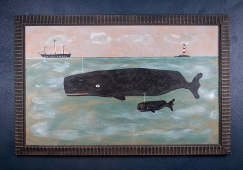 Large Cornish Folk Art Of Whale & Calf In Seascape - Harrington Antiques