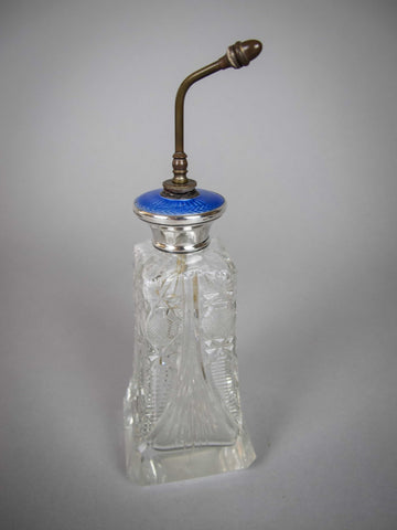 Large Sterling Silver, Blue Guilloche Enamel and Cut Glass Scent / Perfume Bottle. C.1930s. - Harrington Antiques