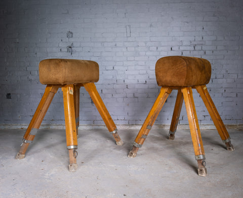 Near Pair Of Vintage Suede Pommel Horses by Niels Larsen & Son Ltd, c.1920 & 1940. - Harrington Antiques