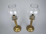 Pair Of 19th Century French Brass Gothic Candlesticks With Glass Shades - Harrington Antiques