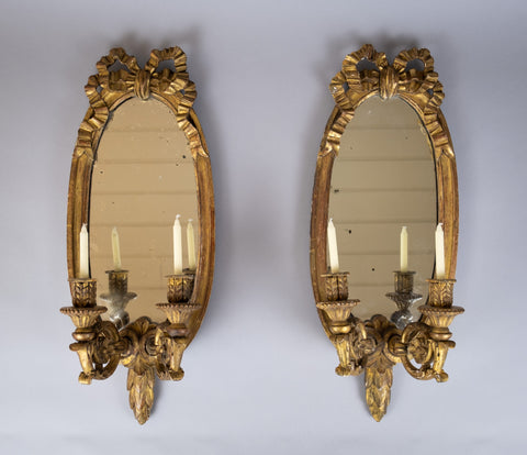 Pair Of Early 19th Century French Louis XVI Style Giltwood Girandole Oval Mirrors, - Harrington Antiques